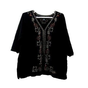 Maggie Barnes Womens Cardigan Size 3X Black Beaded Embroidered V-Neck Three Hook